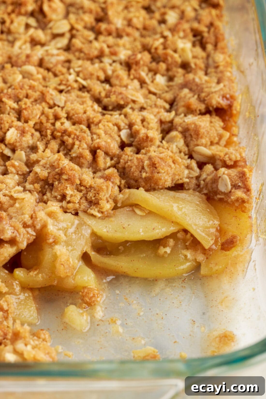 Warm Apple Crumble Delight 11 A freshly baked pan of golden brown apple crumble, steaming gently, ready to be served.