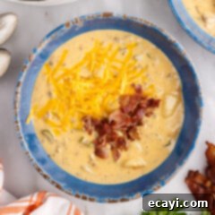 Hearty Cheeseburger Chowder 15 A delicious bowl of creamy Cheeseburger Soup, garnished with fresh cheddar cheese and crispy bacon.