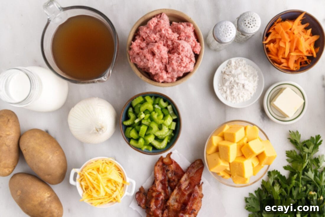 Hearty Cheeseburger Chowder 4 A beautifully arranged spread of fresh ingredients for cheeseburger soup, including ground beef, onions, celery, carrots, potatoes, milk, Velveeta cheese, and beef broth, ready for preparation.