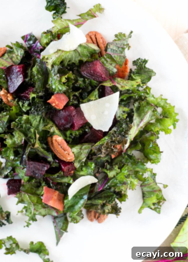 Crimson and Emerald Pecan Crunch Salad 3 Close-up of Pecan, Kale, and Beet Salad showing roasted beets and pecans