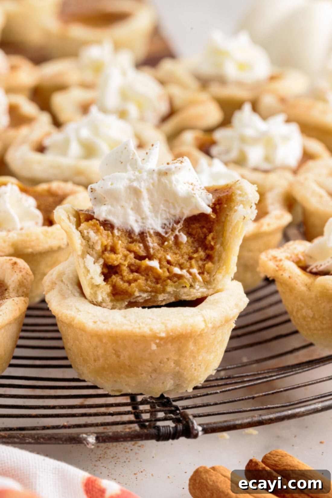Pumpkin Pie Bites 17 Mini Pumpkin Pies stacked on a plate