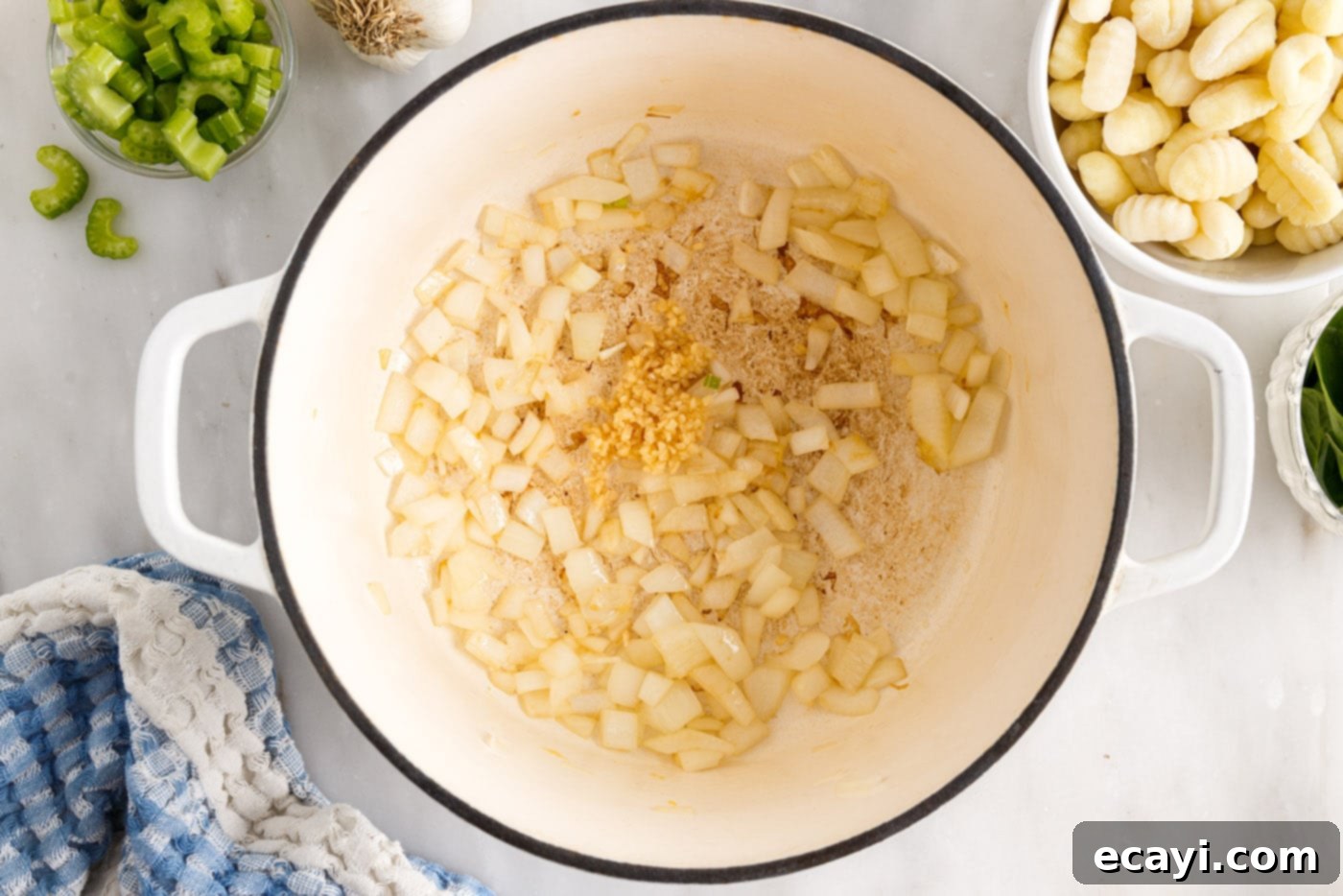Creamy Gnocchi Chicken Bliss 6 sauteed onion and garlic in a stockpot