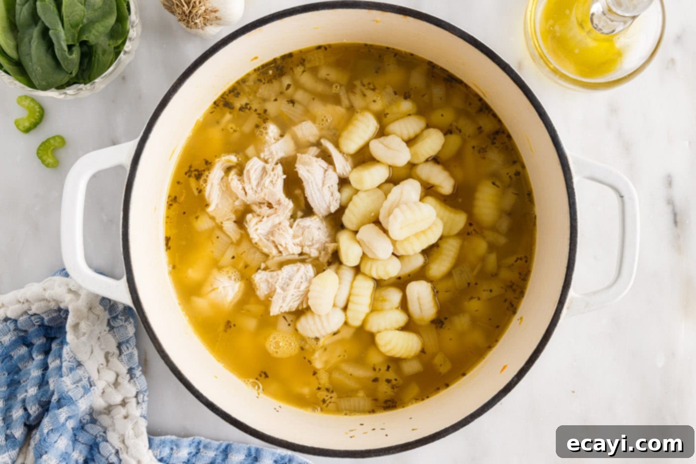 Creamy Gnocchi Chicken Bliss 9 chicken and gnocchi added to soup pot