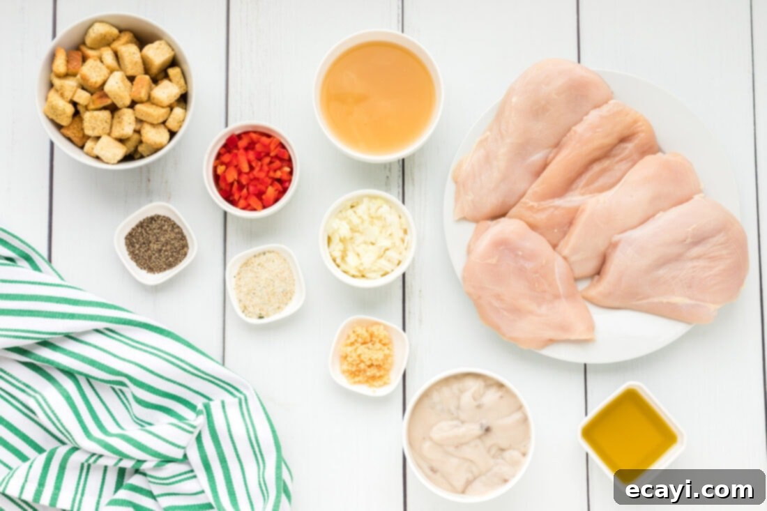 Savory Stuffed Chicken Breasts 4 Assortment of fresh ingredients for Stuffed Chicken Breast, including bell peppers, onion, and chicken