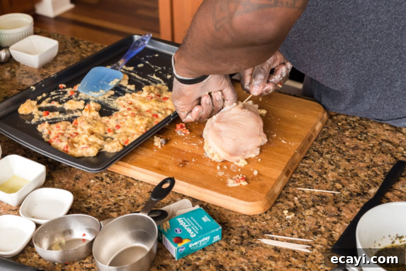 Savory Stuffed Chicken Breasts 10 Securing stuffed chicken breast with toothpicks