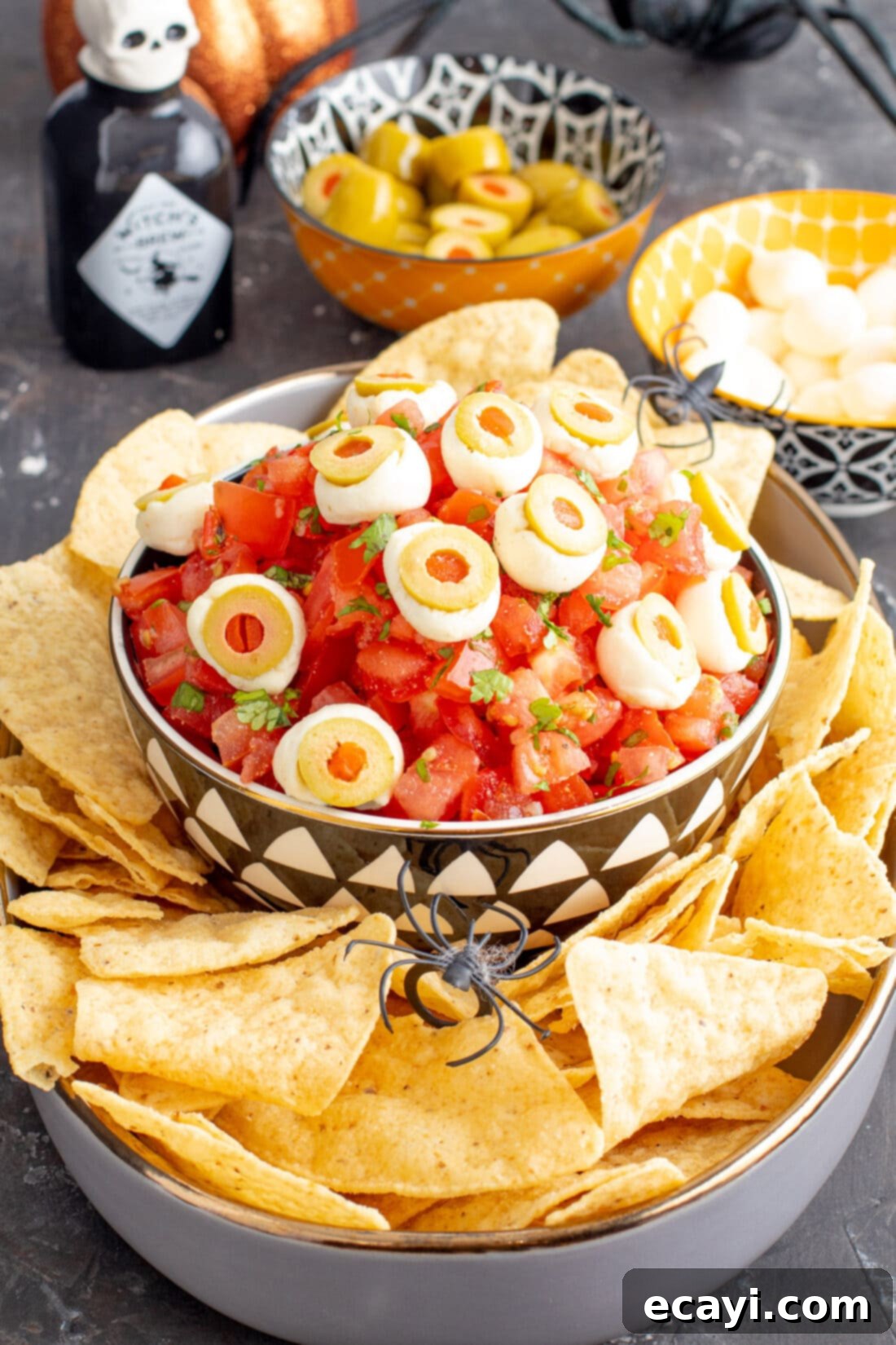 Eye-Popping Halloween Dip 2 Halloween Eyeball Salsa with chips