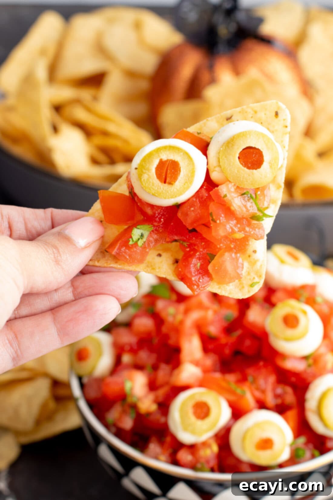 Eye-Popping Halloween Dip 3 chip with salsa