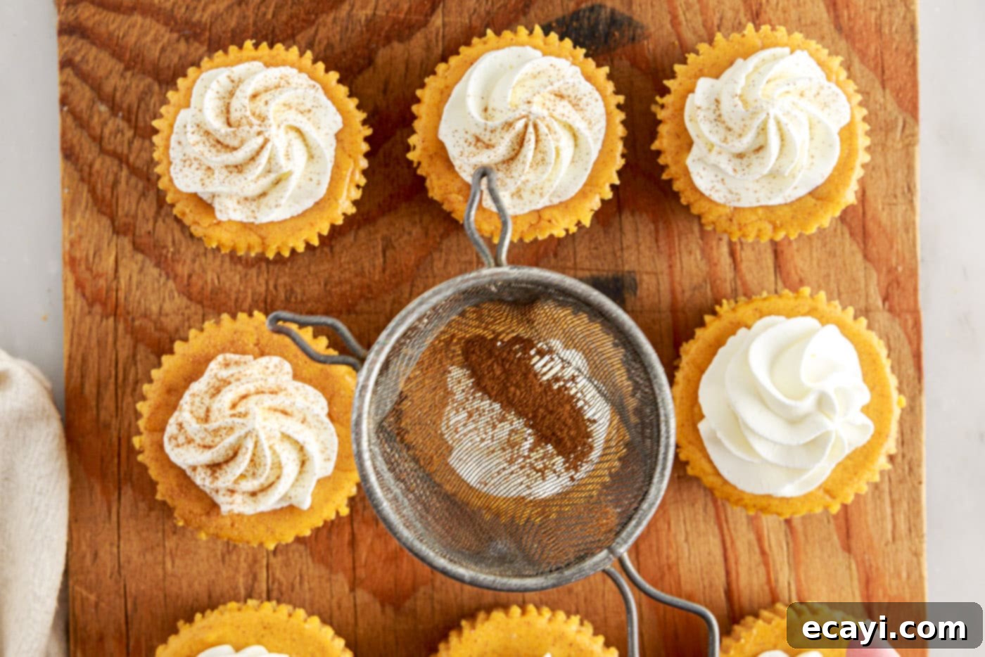 Spiced Mini Pumpkin Cheesecakes 14 dusting pumpkin pie spice on top of whipped cream mini pumpkin cheesecakes