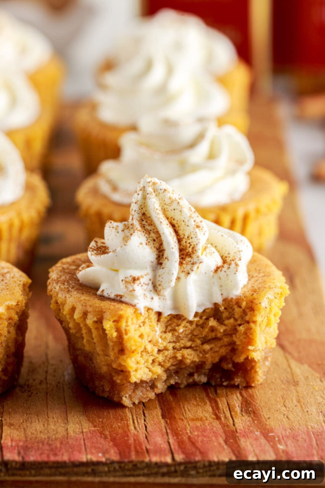 Spiced Mini Pumpkin Cheesecakes 15 A delicious Mini Pumpkin Cheesecake with a bite taken out, showcasing the creamy filling and graham cracker crust.