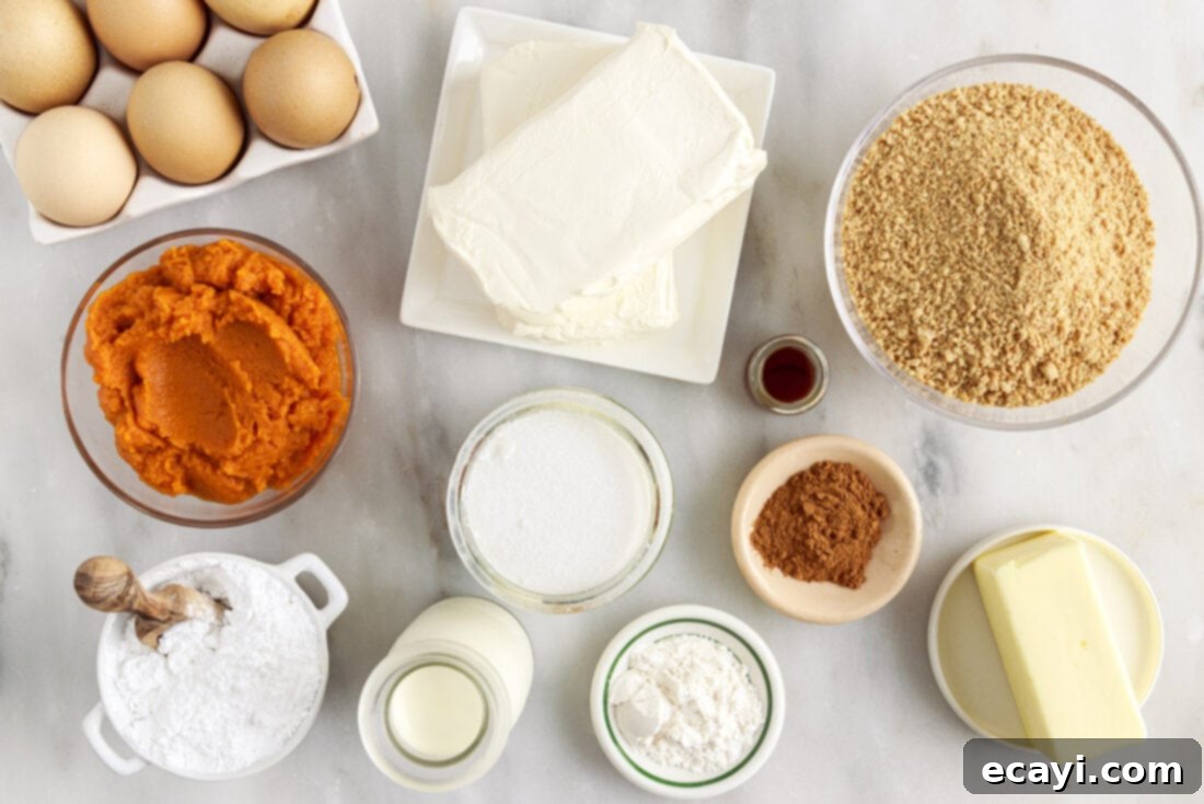 Spiced Mini Pumpkin Cheesecakes 4 Assortment of ingredients for Mini Pumpkin Cheesecakes, including cream cheese, pumpkin puree, spices, and graham crackers.