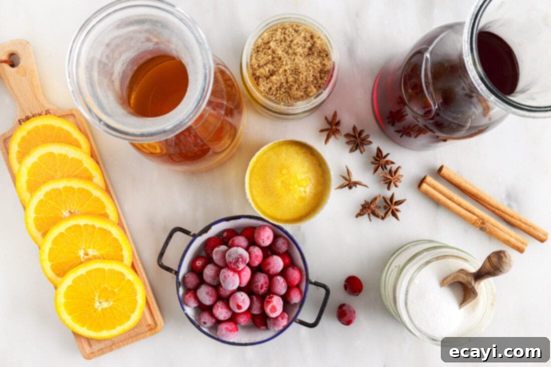 Mulled Cranberry Cheer 4 various ingredients laid out for Hot Cranberry Punch preparation: juices, sugars, spices, and fresh fruit