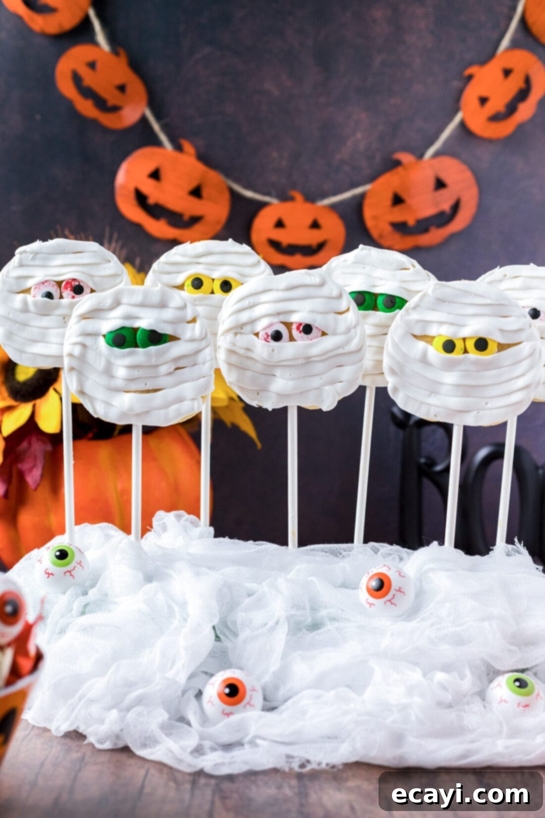 Spooktacular Mummy Cookies 3 a bunch of Mummy Cookies on display