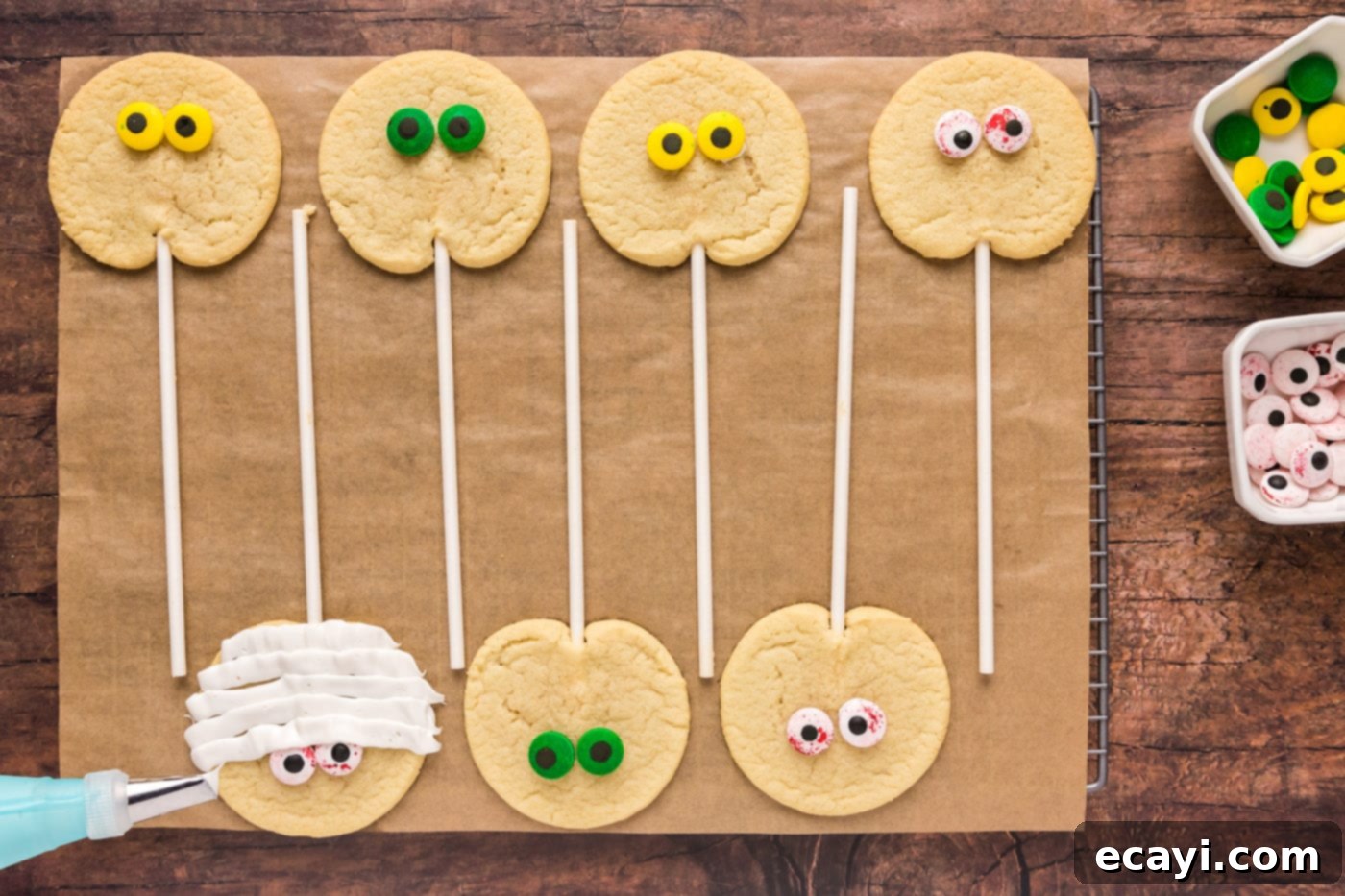 Spooktacular Mummy Cookies 10 candy eyeballs on cookies
