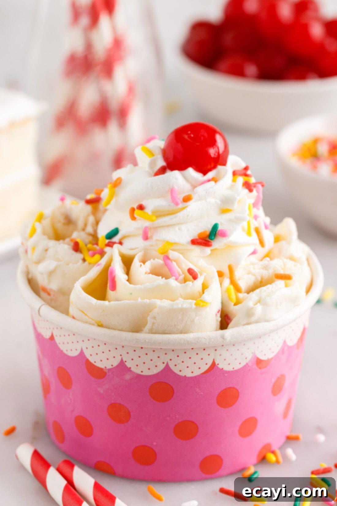 Confetti Cake Swirls 11 A beautifully presented bowl of Birthday Cake Rolled Ice Cream, ready to be enjoyed.