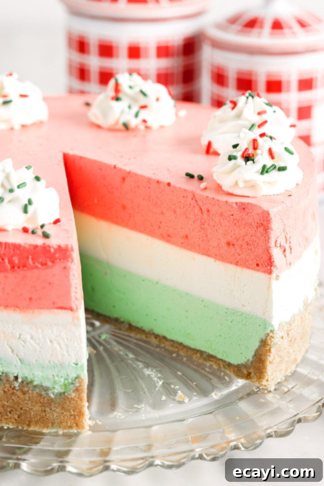 Jell-O Stacked Delight 17 Layered Jello Pie with a silce removed
