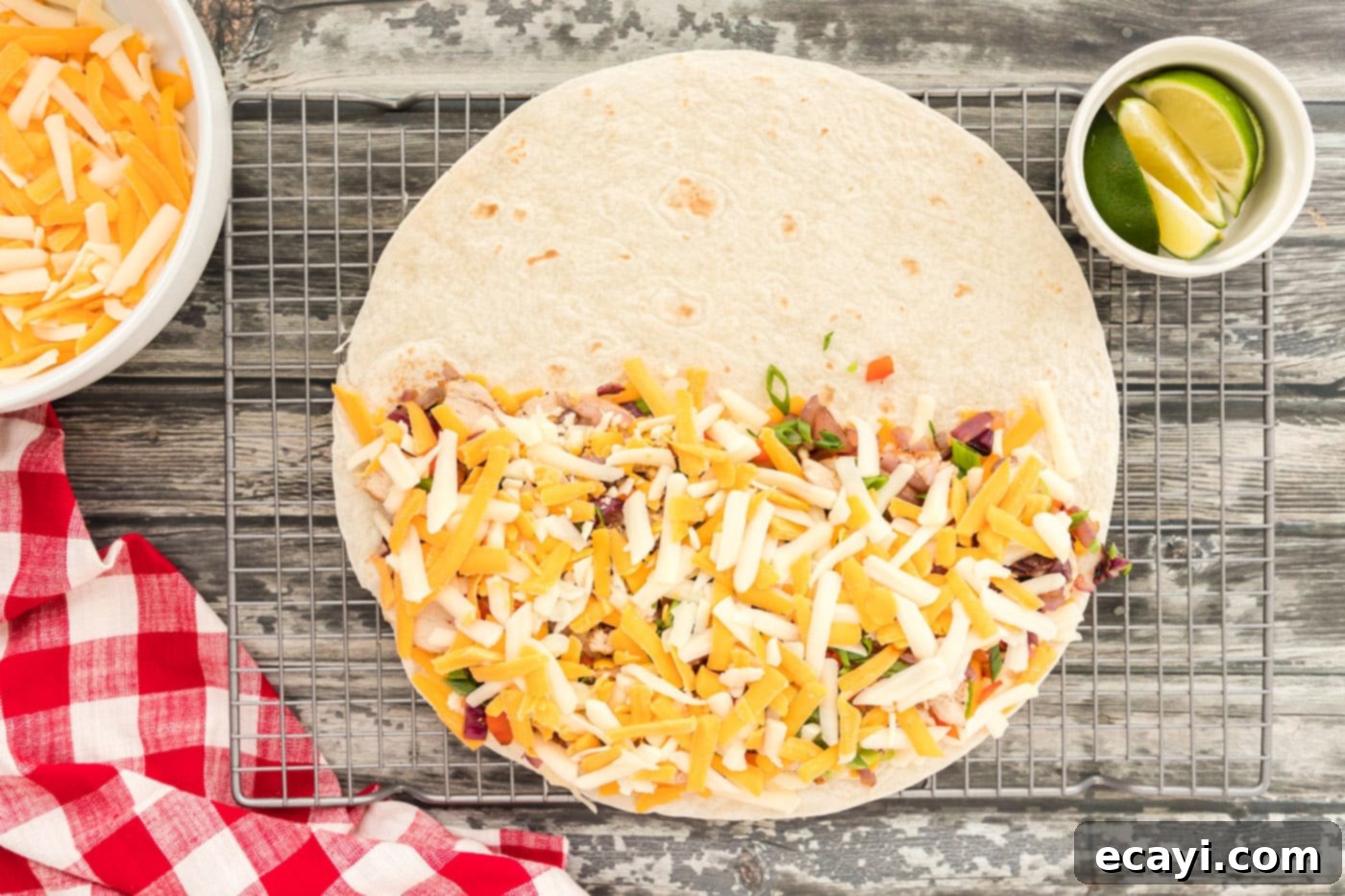Savory Chicken Quesadilla 12 cheese on top of chicken and veggies