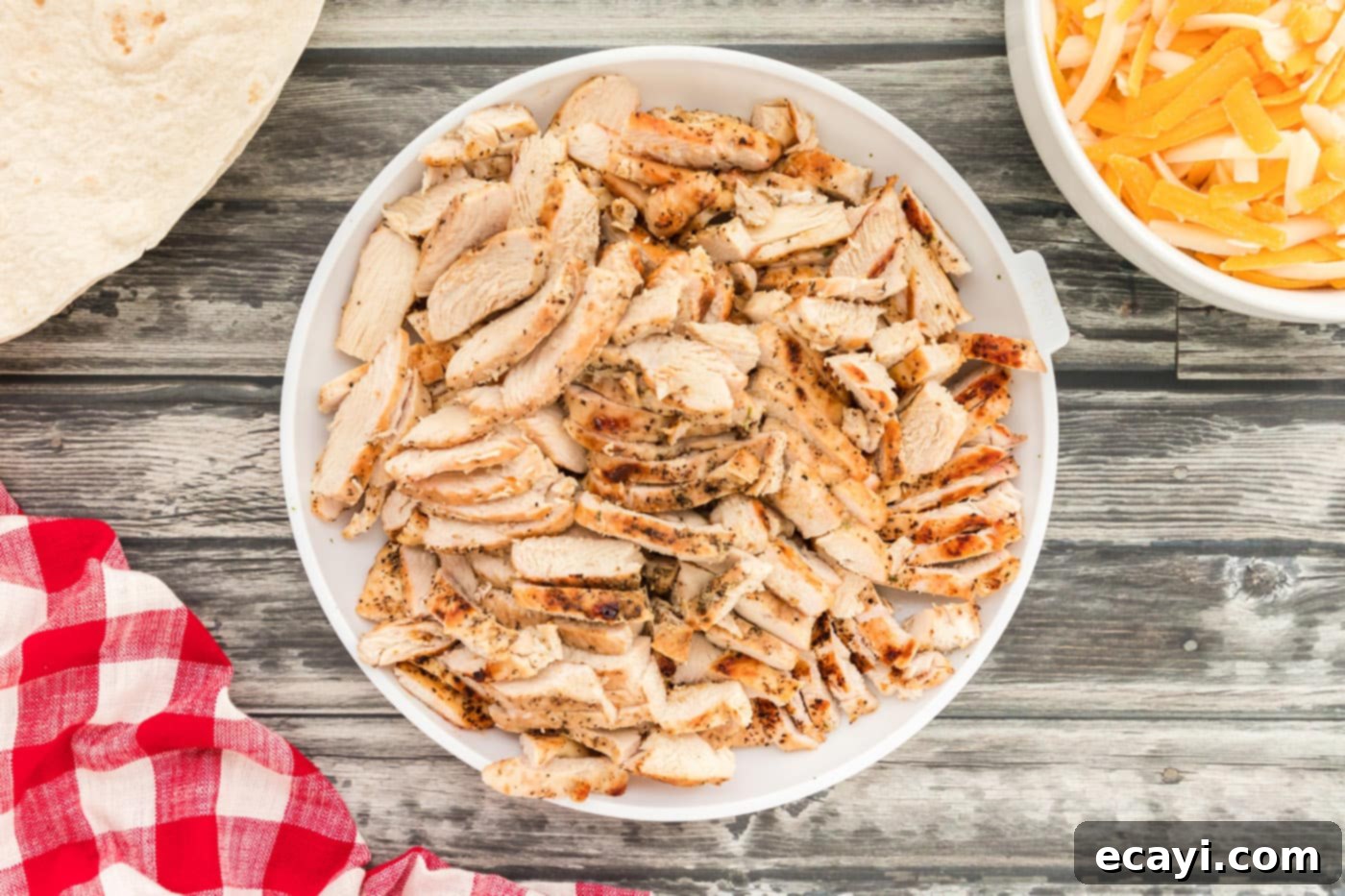 Savory Chicken Quesadilla 7 sliced chicken in a bowl