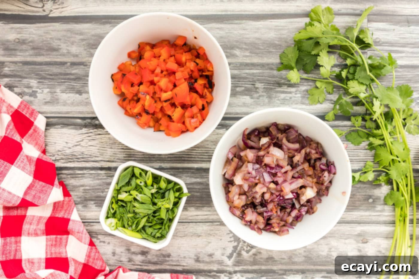 Savory Chicken Quesadilla 8 red bell pepper, red onion, and green onion diced in bowls