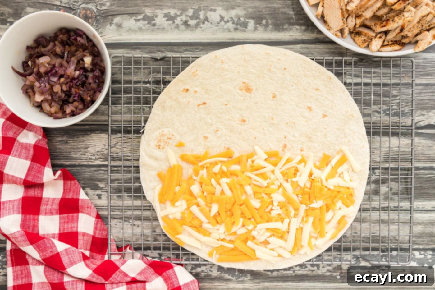 Savory Chicken Quesadilla 10 cheddar and mozzarella on a tortilla