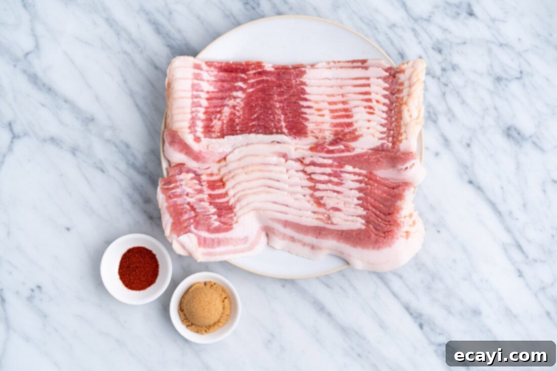 Crispy Bacon Spirals 4 Ingredients laid out for making Sweet and Spicy Bacon Twists