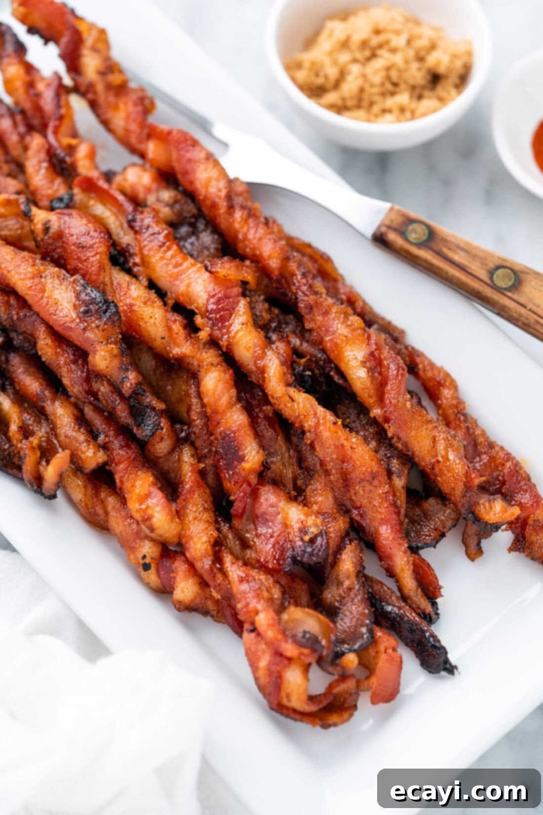 Crispy Bacon Spirals 10 Close-up of golden brown Sweet and Spicy Bacon Twists