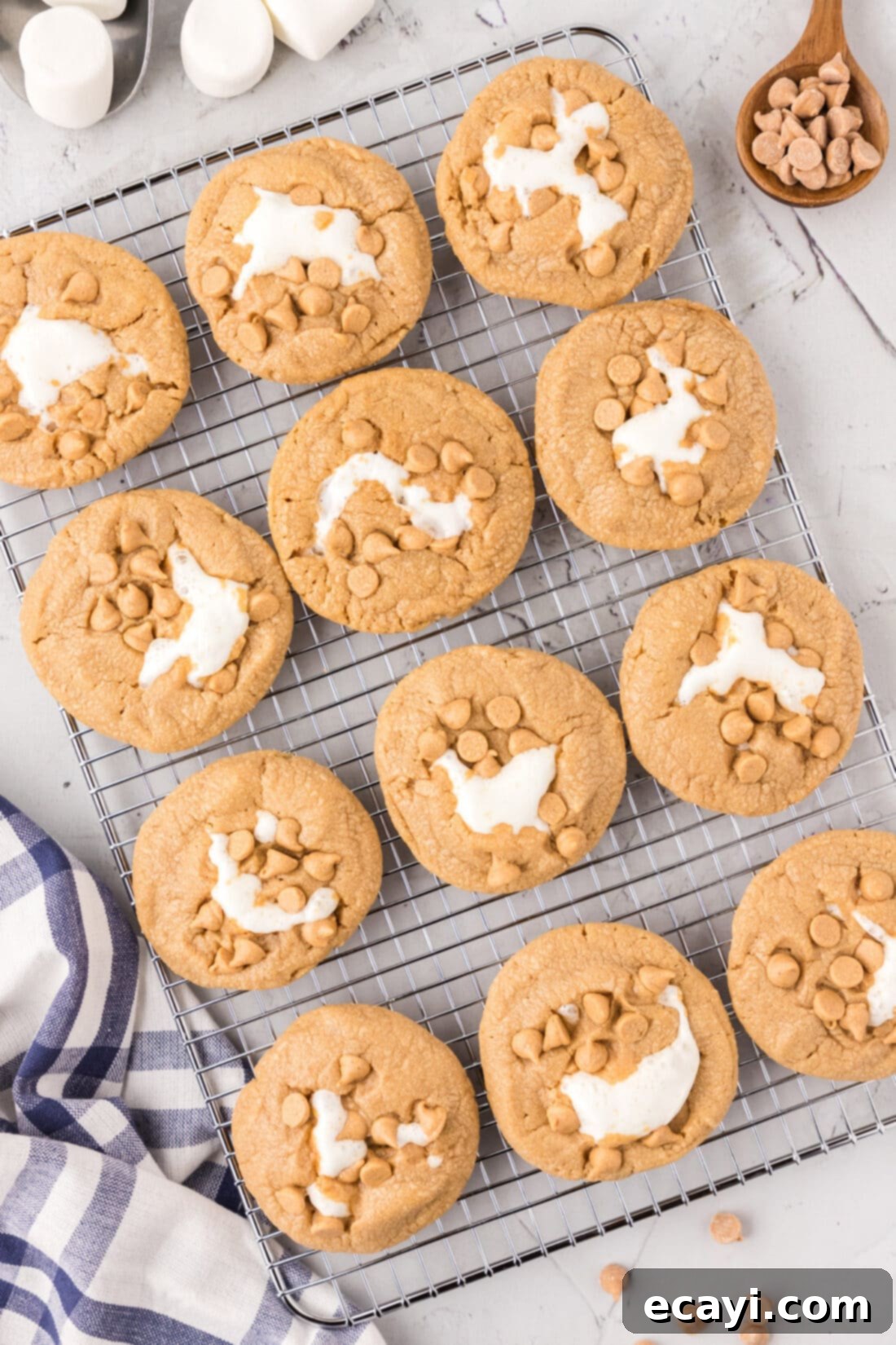 Sweet & Salty Fluffernutter Delights 2 Fluffernutter Cookies on wire rack, showing golden brown cookies with melted marshmallow peeking out and peanut butter chips on top