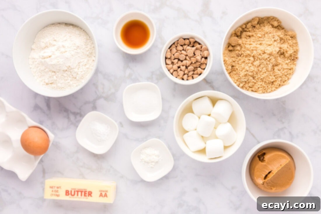 Sweet & Salty Fluffernutter Delights 4 ingredients for Fluffernutter Cookies laid out on a baking surface