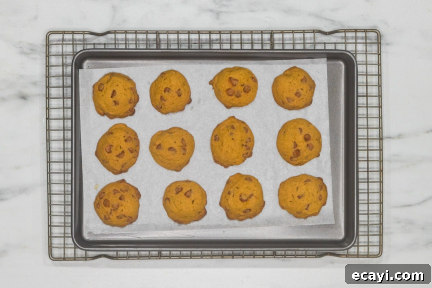 Spiced Pumpkin Cinnamon Chip Cookies 12 Freshly baked pumpkin cinnamon chip cookies cooling on a baking sheet, with a slight golden hue and soft appearance.