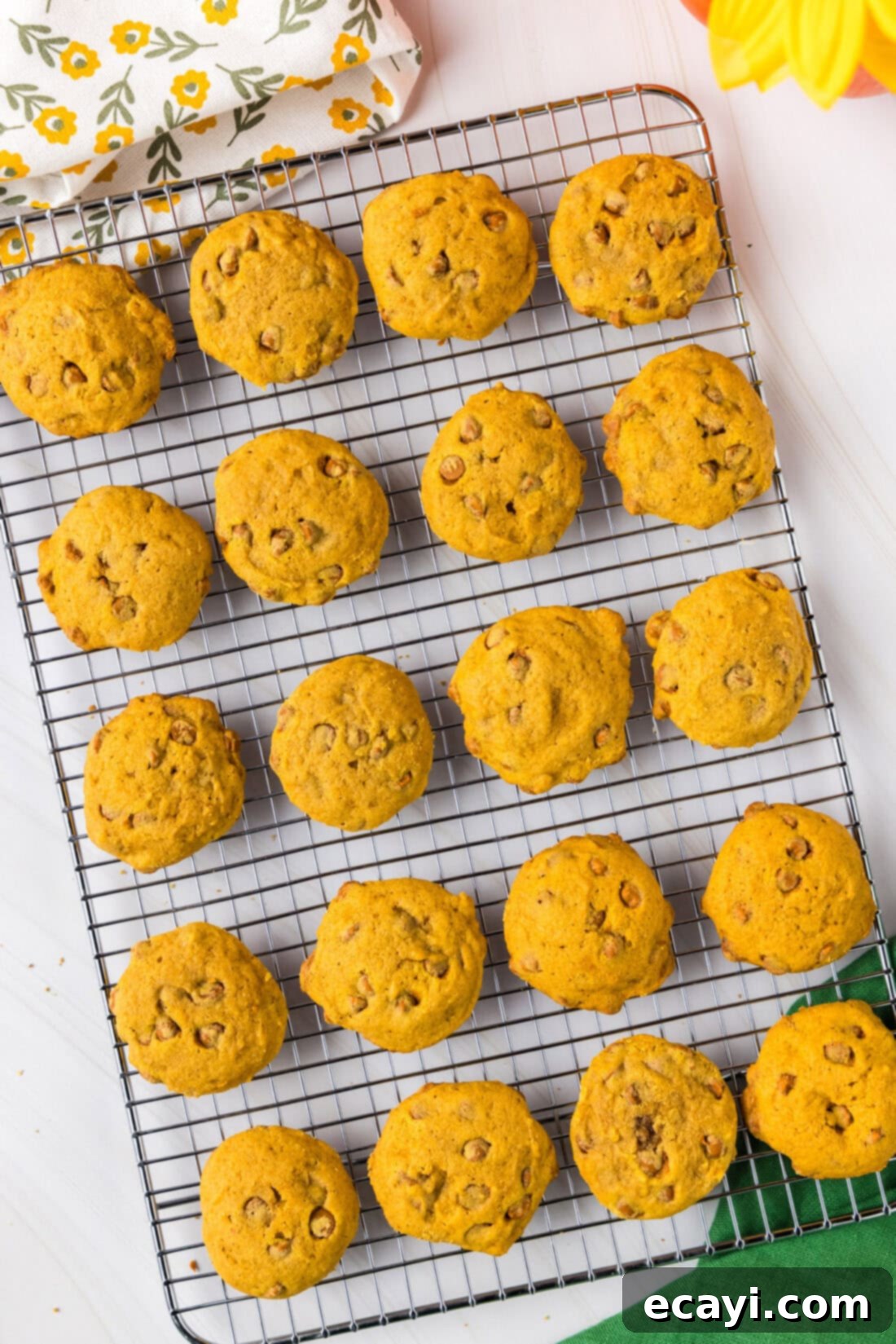 Spiced Pumpkin Cinnamon Chip Cookies 13 Warm, soft pumpkin cinnamon chip cookies resting on a wire cooling rack, ready to be enjoyed.