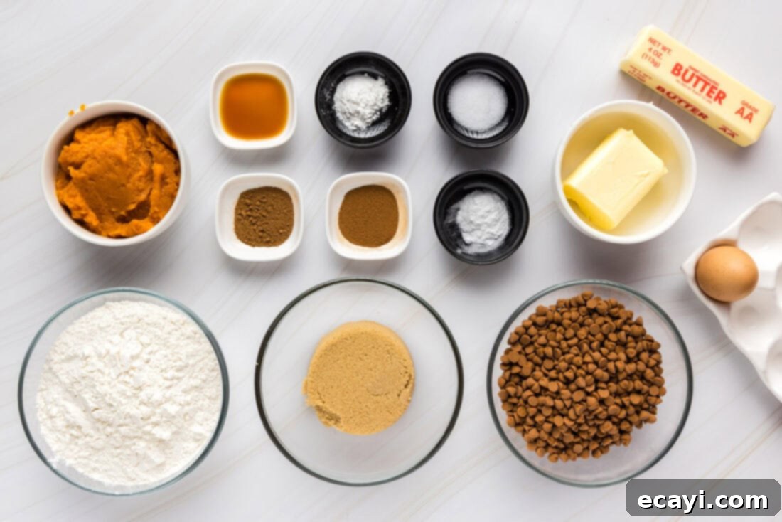 Spiced Pumpkin Cinnamon Chip Cookies 4 A top-down view of all the ingredients laid out on a countertop, including flour, sugar, canned pumpkin, cinnamon chips, butter, and various spices, ready for baking pumpkin cinnamon chip cookies.