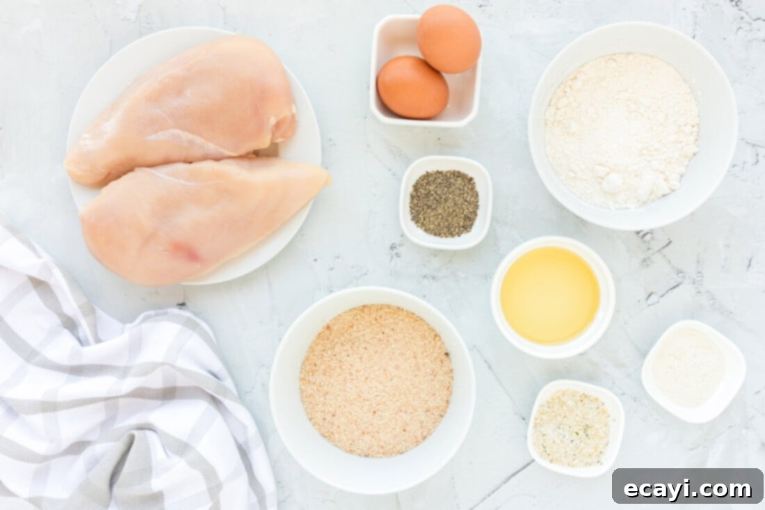 Crispy Chicken Milanese 4 Ingredients for Chicken Milanese including chicken breasts, breadcrumbs, flour, eggs, and seasonings