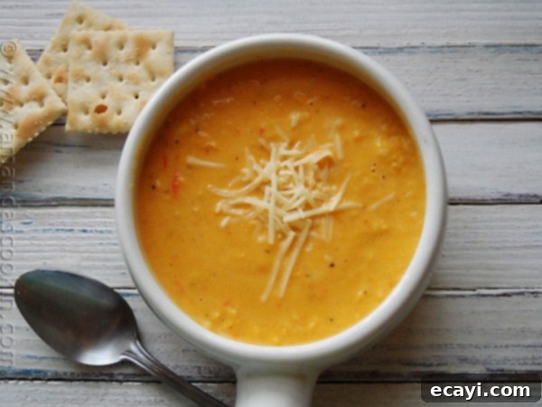 Creamy White Cheddar Corn Soup - AmandasCookin.com An overhead photo of a bowl of creamy white cheddar corn soup, ready to be enjoyed.