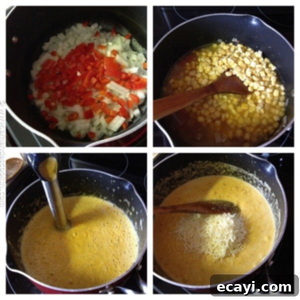 Creamy White Cheddar Corn Soup - AmandasCookin.com Creamy White Cheddar Corn Soup in a bowl, showing its rich texture.