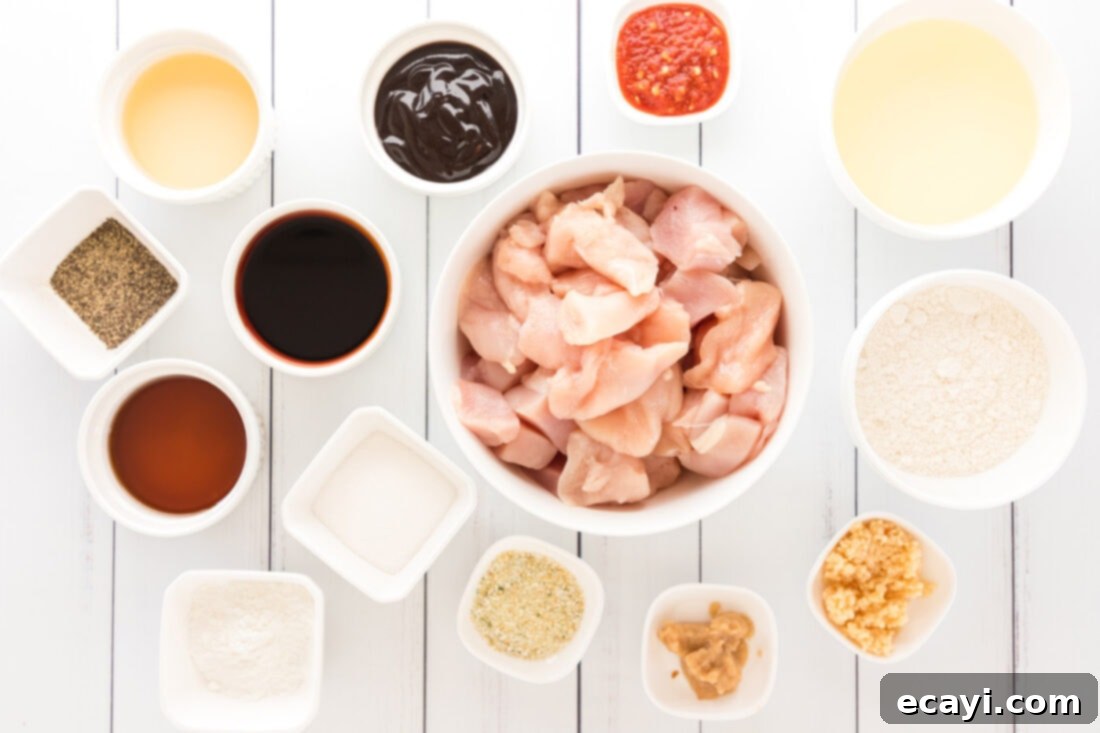 Crispy General Tso Chicken 4 A collection of ingredients laid out for General Tso Chicken recipe