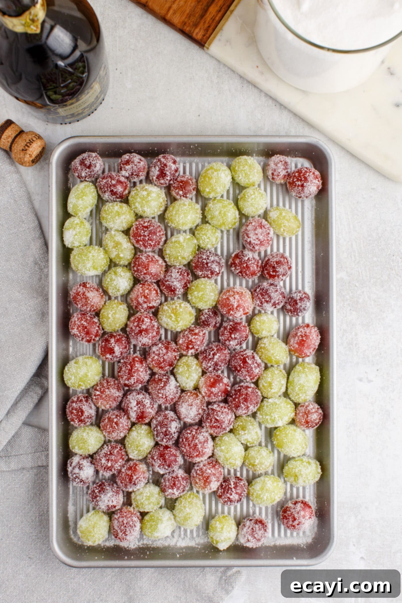 Prosecco Vodka Grape Fusion 8 sugared vodka grapes on a baking sheet