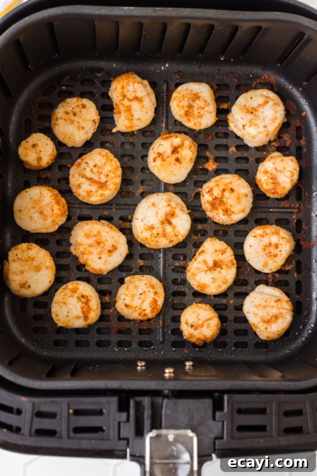 Perfect Air Fryer Scallops 3 Air Fryer Scallops on a plate, ready to eat
