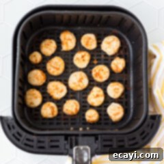 Perfect Air Fryer Scallops 9 Scallops in an air fryer basket