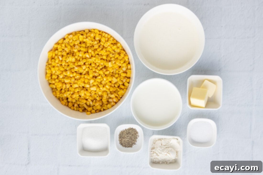 Golden Comfort Corn 4 ingredients laid out for making creamed corn: corn, butter, milk, cream, sugar, flour, salt, pepper