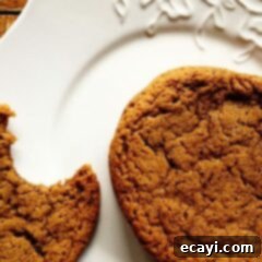 Sparkling Molasses Spice Gems 2 A close up photo of whole sugar topped molasses spice cookie next to a half eaten cookie on a white plate.