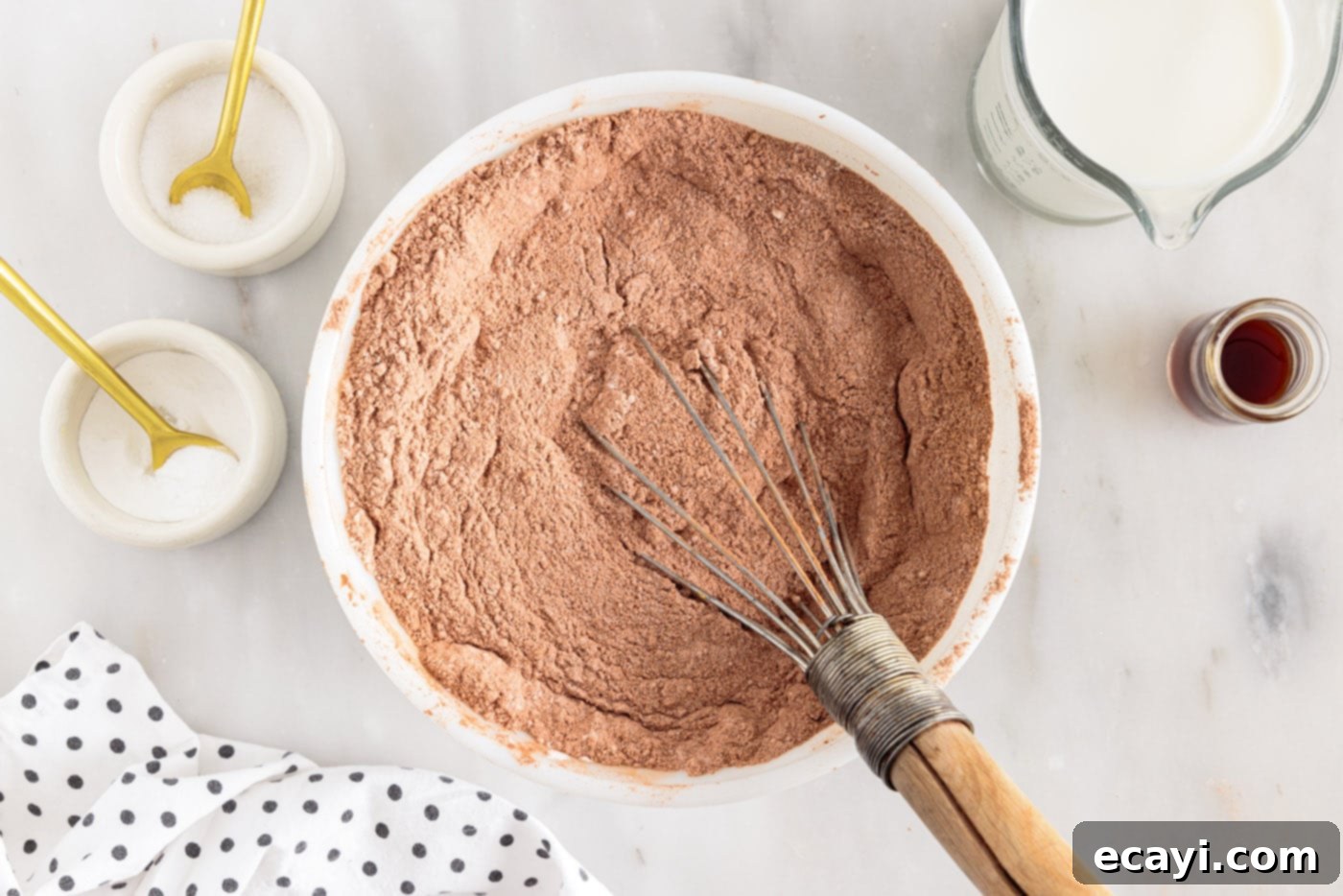 Velvet Moisture Cake 5 cocoa powder, granulated sugar, baking soda, and salt meticulously whisked together in a bowl