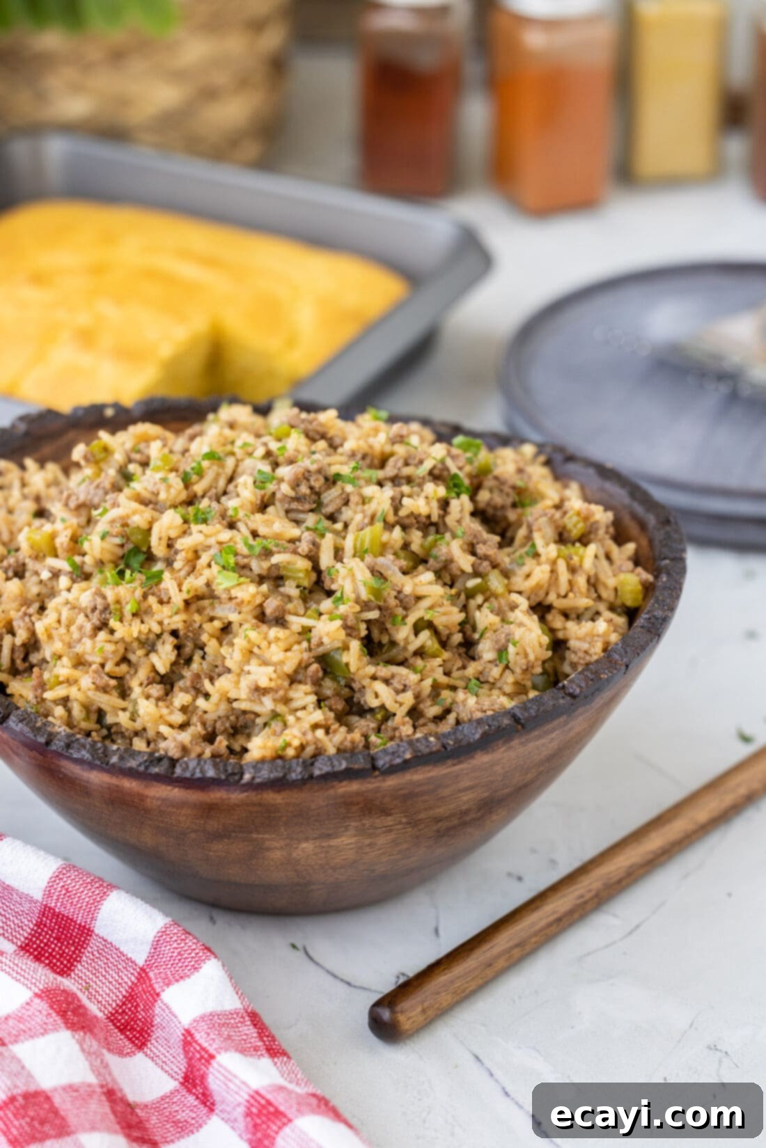 Soulful Louisiana Rice 11 A beautifully presented bowl of Dirty Rice, garnished and ready to be enjoyed.