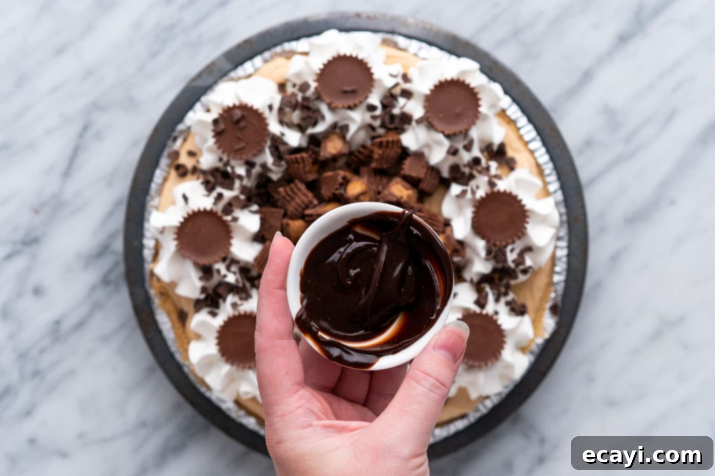 Peanut Butter Perfection Pie 16 hot fudge over Reese's pie