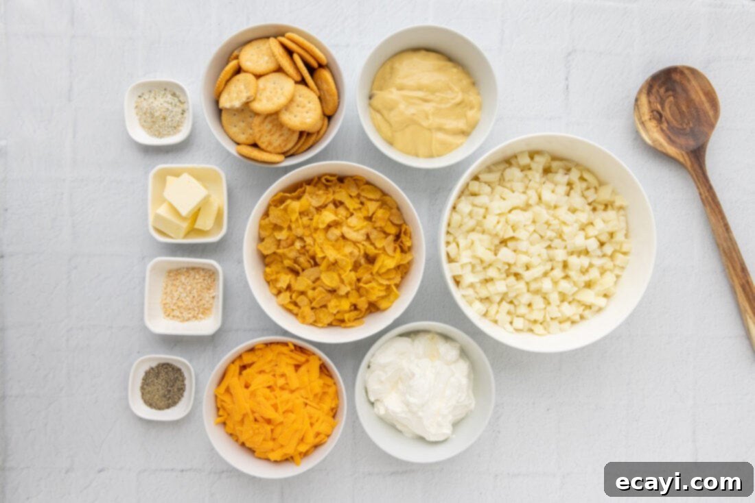 Heartwarming Potato Casserole 4 ingredients laid out for making funeral potatoes