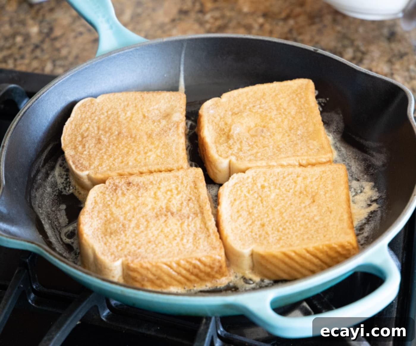 Golden Griddle Goodness 7 cooking french toast slices in a skillet