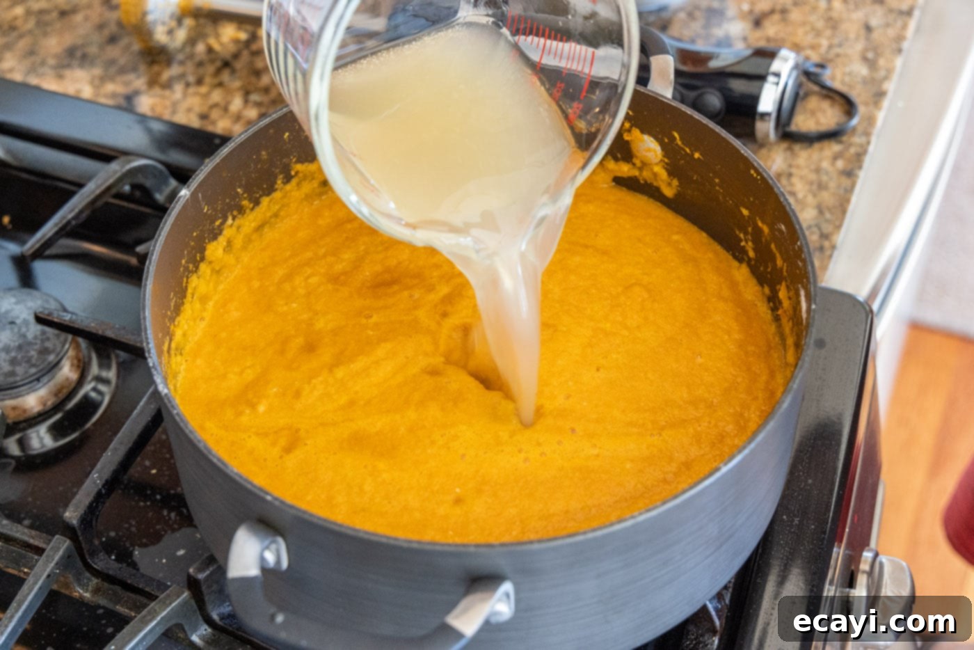 Rich Lobster Bisque 9 pouring seafood stock into the creamy lobster bisque mixture