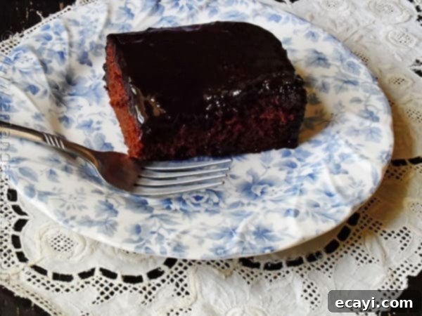 Decadent Chocolate Prune Cake with Glaze Rich and moist slice of chocolate prune cake with a generous drizzle of chocolate caramel glaze on a white plate