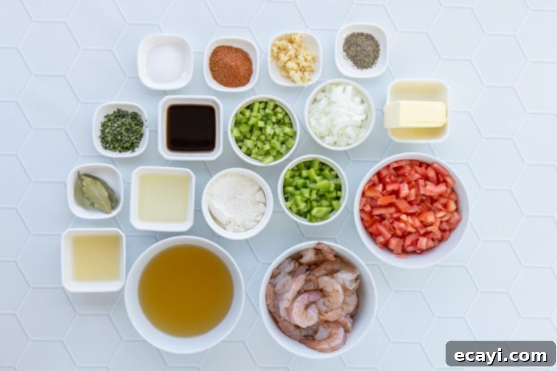 Authentic Cajun Shrimp Etouffee 4 A selection of fresh ingredients laid out on a table, including shrimp, celery, green bell pepper, onion, and spices, for making shrimp etouffee.
