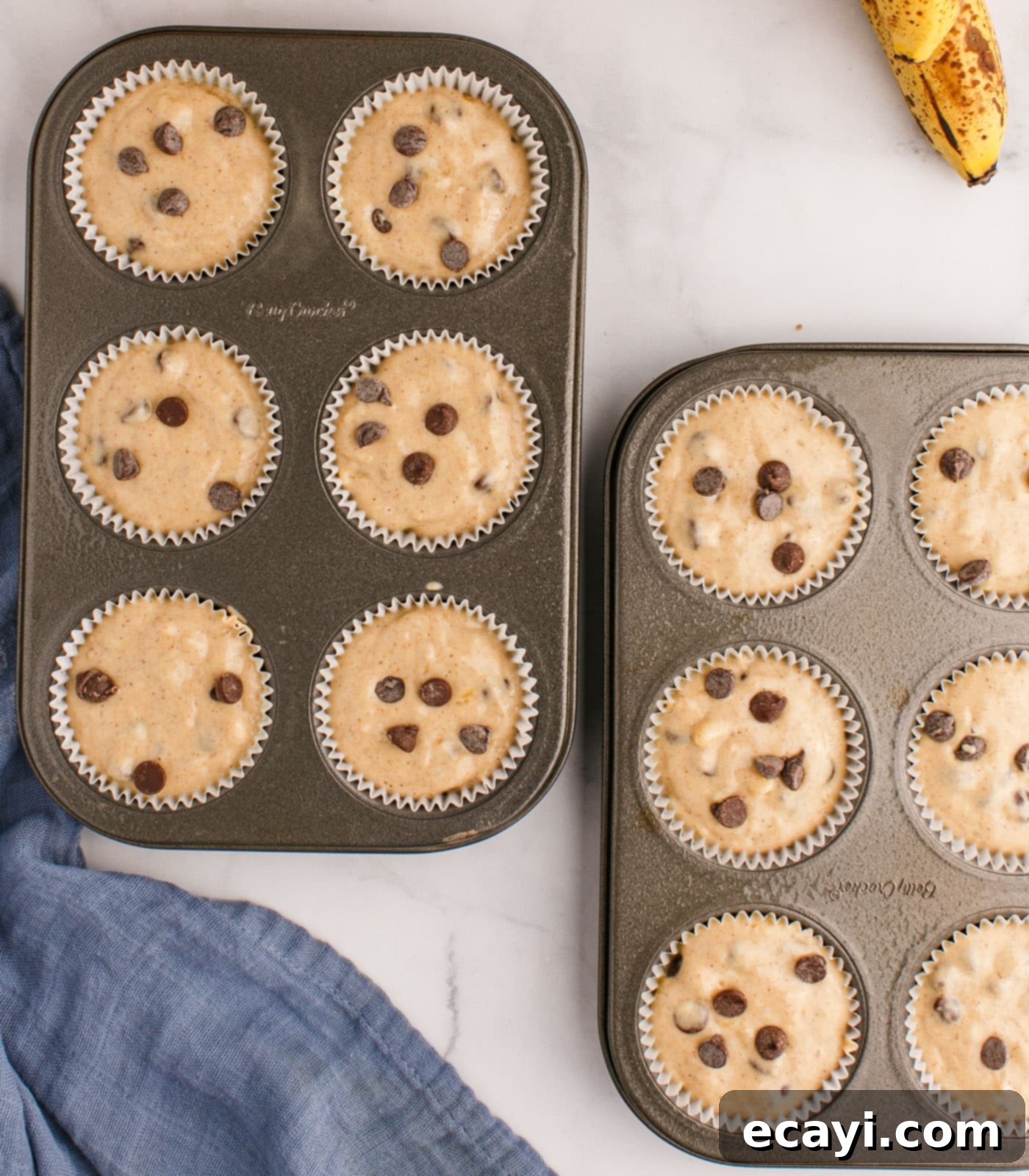 Banana Bliss with Chocolate Chips 10 chocolate chip banana muffin batter in muffin trays
