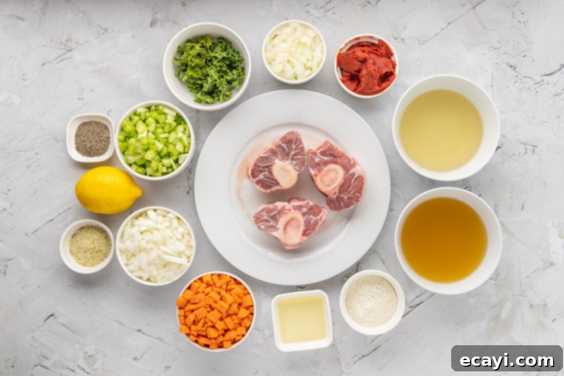 Exquisite Veal Osso Buco 4 Arrangement of ingredients for making Veal Osso Bucco, including veal shanks, vegetables, and wine