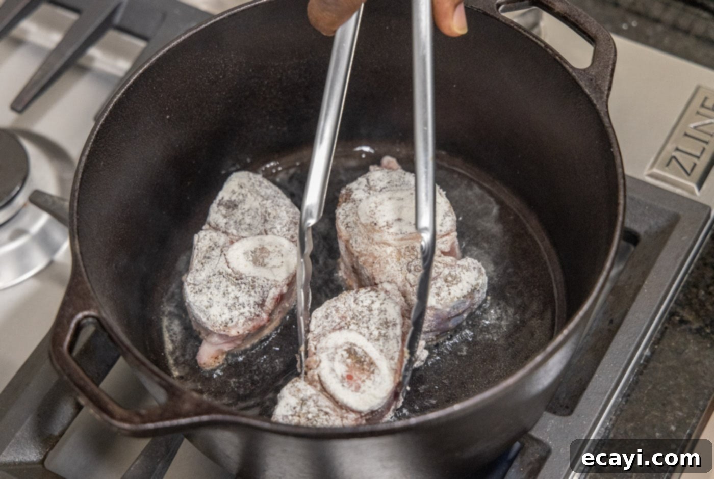 Exquisite Veal Osso Buco 7 searing veal shanks in a dutch oven until golden brown
